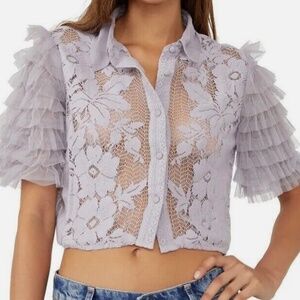 NWT $98 Free People Madonna Cropped Lace Blouse Ruffle Sleeves Top